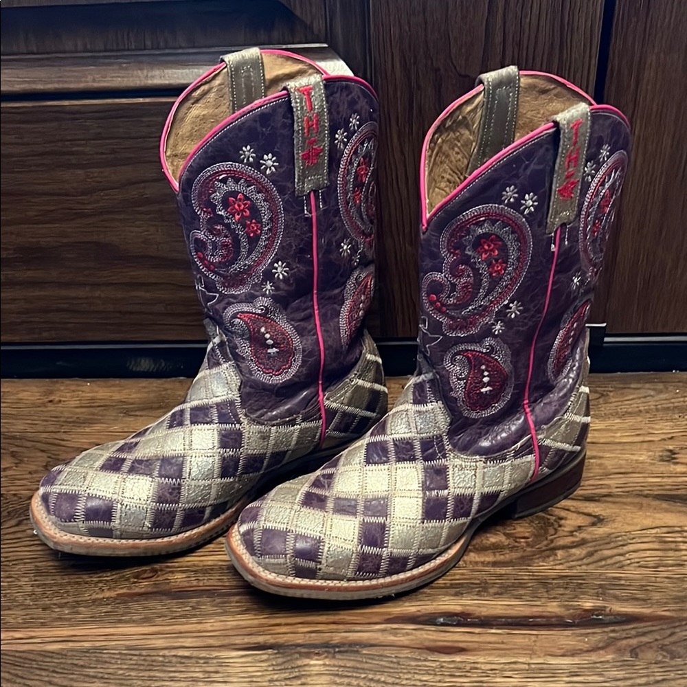 Tin Haul Purple and Pink Heeled Boots with Embroidery